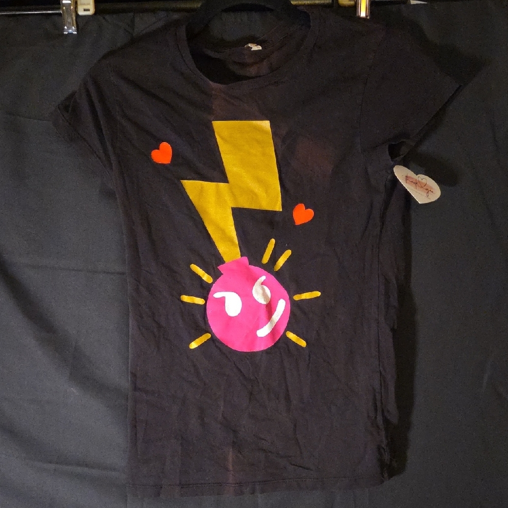 Black Graphic Tee with Pink and Yellow Design